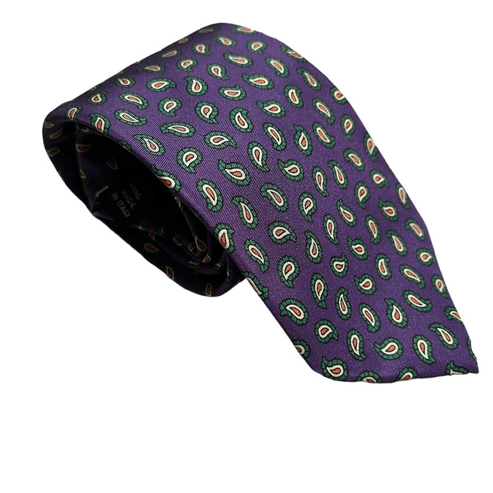 Vintage 90s Polo Ralph Lauren Handmade Tie Purple Green Paisley Italian Silk